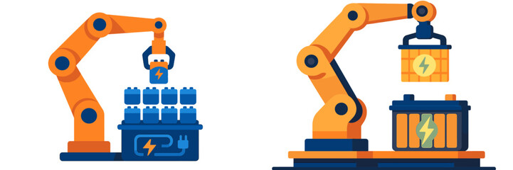 Electric robotic arms working with battery cells in a modern manufacturing facility during daylight hours