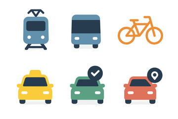 Public transportation icons with a tram, bus, bicycle, taxi, and ride sharing symbols representing urban mobility options