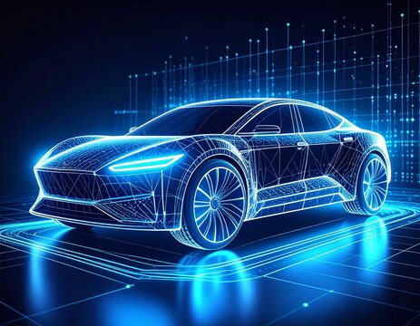 A hyper-realistic scene of futuristic holographic data, glowing code on a dark translucent screen, with cyberpunk design, electric car tech, and a sci-fi digital interior.