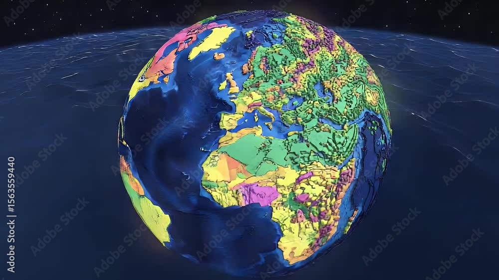 Poster abstract 3d rendered earth globe with a voxelated appearance showcasing continents and oceans agains
