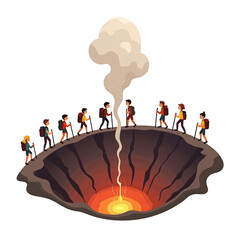 Cartoon Scene of Crater Hike With Tourists