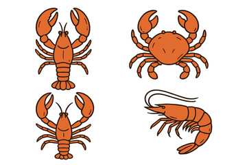 Collection of illustrated seafood including lobsters, crabs, and shrimp in a playful design for culinary or nautical themes