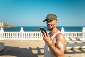 Blogger creating content on the beach using smartphone