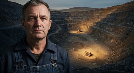 Weathered miner contemplates the vastness of an open-pit mine, a portrait of hard work and industrial landscapes.