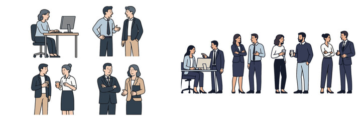 Business team collaboration in an office setting with discussions among colleagues and professionals during work hours