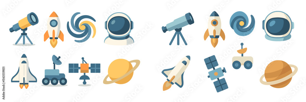 Poster exploration of space through colorful icons of astronauts, rockets, and celestial objects during a f