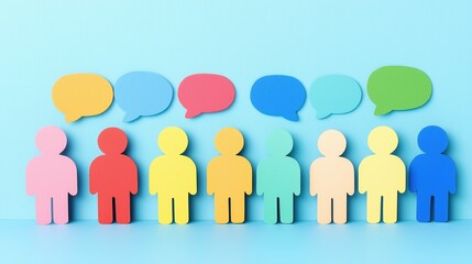 Colorful cutout figures with speech bubbles symbolizing communication, dialogue, teamwork, and collaboration