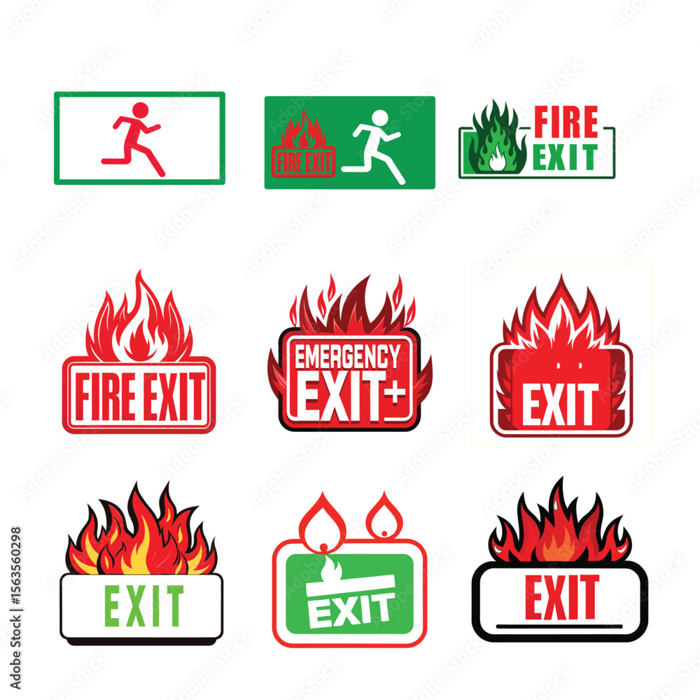 Poster collection of nine distinct fire exit and emergency exit signs featuring running figures and stylize