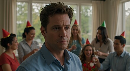 Obraz premium A pensive man stands amidst a joyful birthday gathering, his expression contrasting sharply with the festive atmosphere surrounding him.