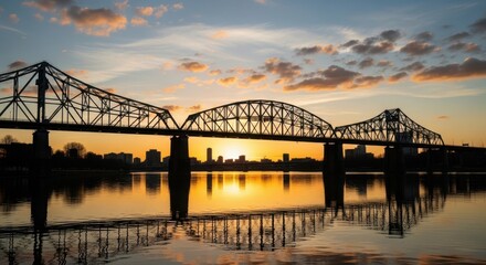 Fototapeta premium Truss Bridge Sunset Overcalm River Reflection