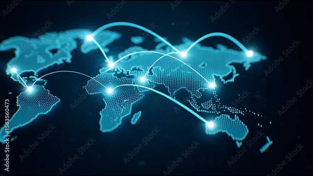 Poster glowing digital world map showcasing interconnected points for global communication, data exchange, 
