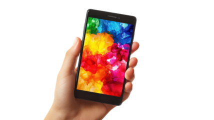 Vibrant colors burst from a smartphone held in a hand under bright light showcasing artistic patterns and creativity in tech interaction on transparent background