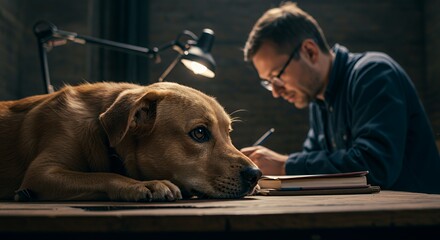 Loyal canine companion rests patiently beside its owner engrossed in late-night writing.