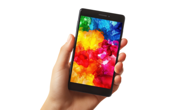 Vibrant colors burst from a smartphone held in a hand under bright light showcasing artistic patterns and creativity in tech interaction on transparent background