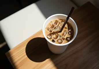 High-angle close-up of an iced coffee beverage in a white disposable cup with ice cubes and a straw.