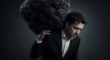 Man burdened by a heavy, dark rock, symbolizing overwhelming stress and pressure in life.