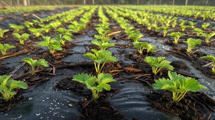 Strawberry plants growing in rows with irrigation – modern agricultural practice image for farming and horticulture editorials