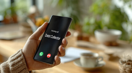 Hand holding phone with incoming call from debt collector, creating tense atmosphere
