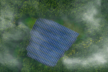 Alternative energy is future.Solar panels park installed in green forest.Solar panels generating...