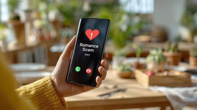 Hand holding smartphone displaying romance scam alert with heart icon in cozy indoor setting