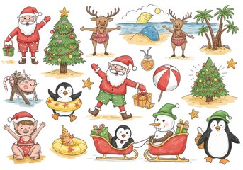 Fototapeta premium Christmas characters celebrating summer on a tropical beach illustration