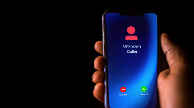 Person holds smartphone displaying incoming call from unknown caller, suggesting potential scam