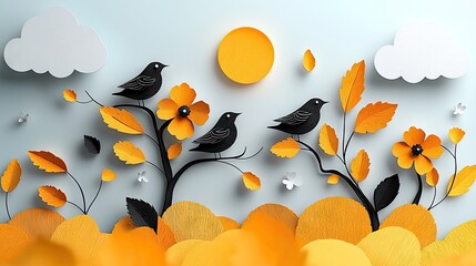 A whimsical paper cut design of birds, flowers, and leaves.