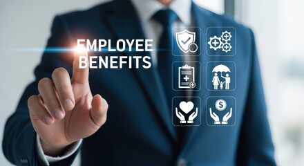 Employee Benefits Concept: Business Man Selecting Benefits Icons - Health, Insurance, Retirement, and Financial Wellness Options