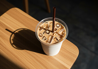 High-angle close-up of an iced coffee beverage in a white disposable cup with ice cubes and a straw.