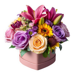 Beautiful heart shaped box filled with assorted colorful flowers isolated on transparent background