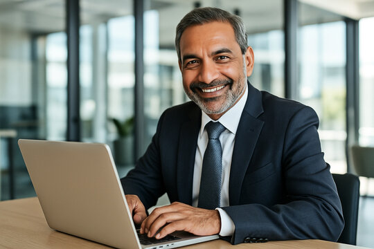 Retrato de um homem de meia idade, empres&aacute;rio bem sucedido, CEO, homem de neg&oacute;cios, digitando em seu computador, notebook, laptop, olhando para a c&acirc;mera e sorrindo. Vestindo um terno escuro e gravata.