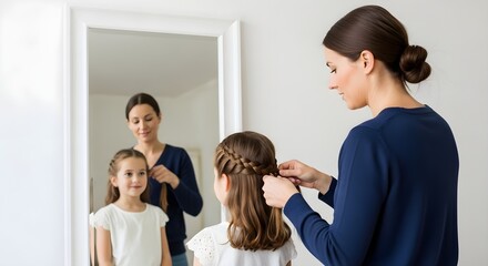 Fototapeta premium Mother Braiding Her Daughter's Hair in Front of a Mirror: A Tender Moment of Family Connection