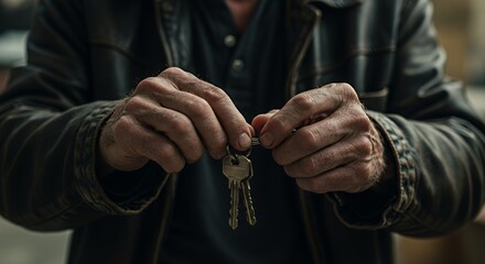 Weathered hands carefully hold a set of keys, conveying a sense of ownership and responsibility.