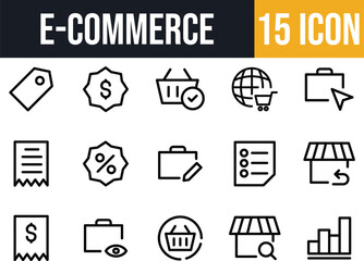 E-Commerce & Business Icon Set, Cart, Shop, Discount, Briefcase, Receipt, Tags, and Analytics icon pack.
