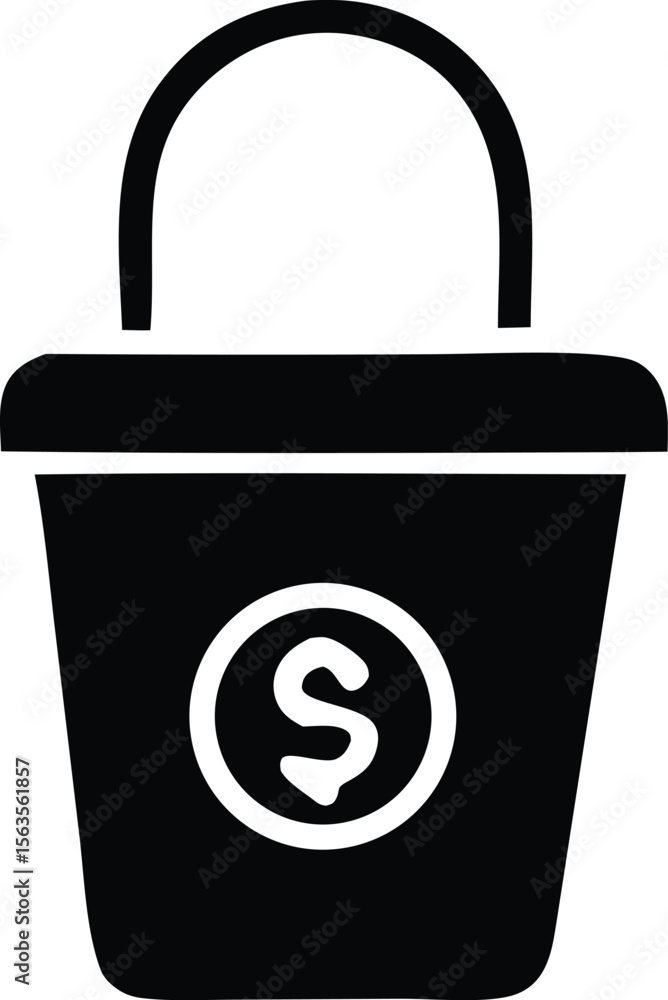 Poster black silhouette of a bucket with a dollar sign inside a circle on its side and a curved handle
