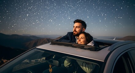Romantic Couple Stargazing from Car Sunroof Under a Night Sky