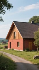 Obraz premium Rustic Brick and Wood Cottage with a Sloped Roof Surrounded by Greenery