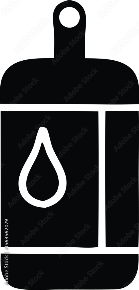 Poster simple black and white icon of a bottle with a drop symbol and a hanging loop representing liquid or