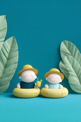 Two adorable cartoon characters wearing hats float in bright rings, enjoying beverages. Colorful background and tropical leaves enhance the playful, summery mood, making the scene lively and cheerful.