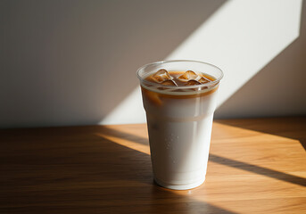 High-angle close-up of an iced coffee beverage in a white disposable cup with ice cubes and a straw.
