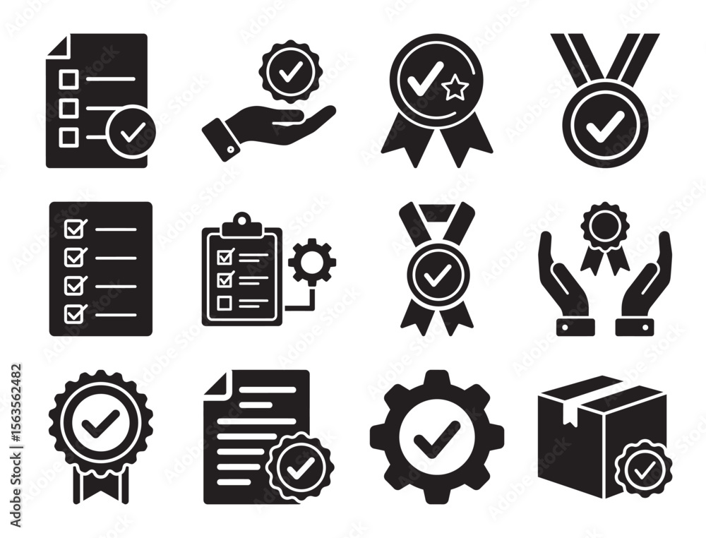 Poster quality control and assurance vector icon collection for certification and approval process showing 