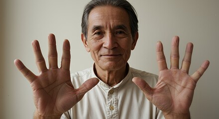 An elderly man with kind eyes and weathered hands displays ten fingers, radiating calm and serenity against a muted background.
