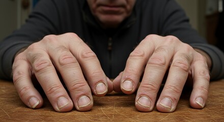 Weathered hands rest on a worn wooden , conveying a sense of age, experience, and quiet contemplation.