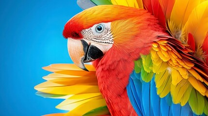 Obraz premium Vibrant Scarlet Macaw Parrot Profile with Yellow Flower Accents