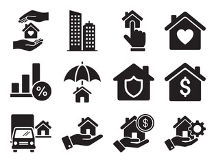 Real estate and property management solid glyph icon set for home and housing services showing building key rent sale and other residential symbols