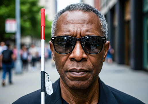 An african american man with a white cane and sunglasses on a city street. Concept of disability and independence.