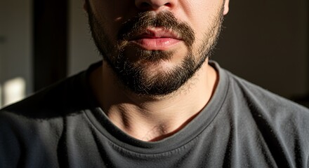 Close-up of a man's serious face, partially shadowed, showcasing his beard and thoughtful expression.