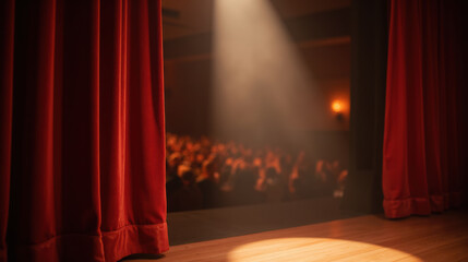 Theater stage with red curtains, spotlight shining on empty stage, audience in background, dramatic atmosphere, performance setting