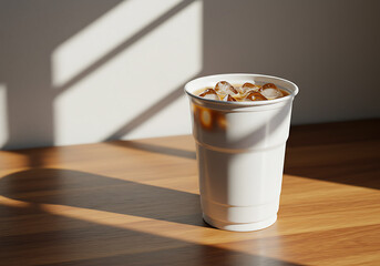 Iced Coffee in a Plastic Cup on a Wooden Table