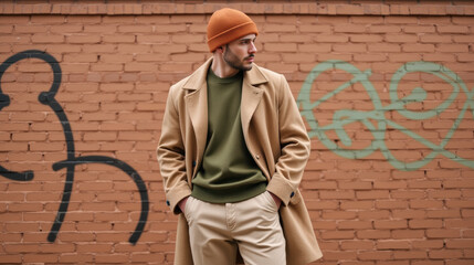 Stylish man wearing beige coat and orange beanie stands against brick wall with graffiti, showcasing modern urban fashion look